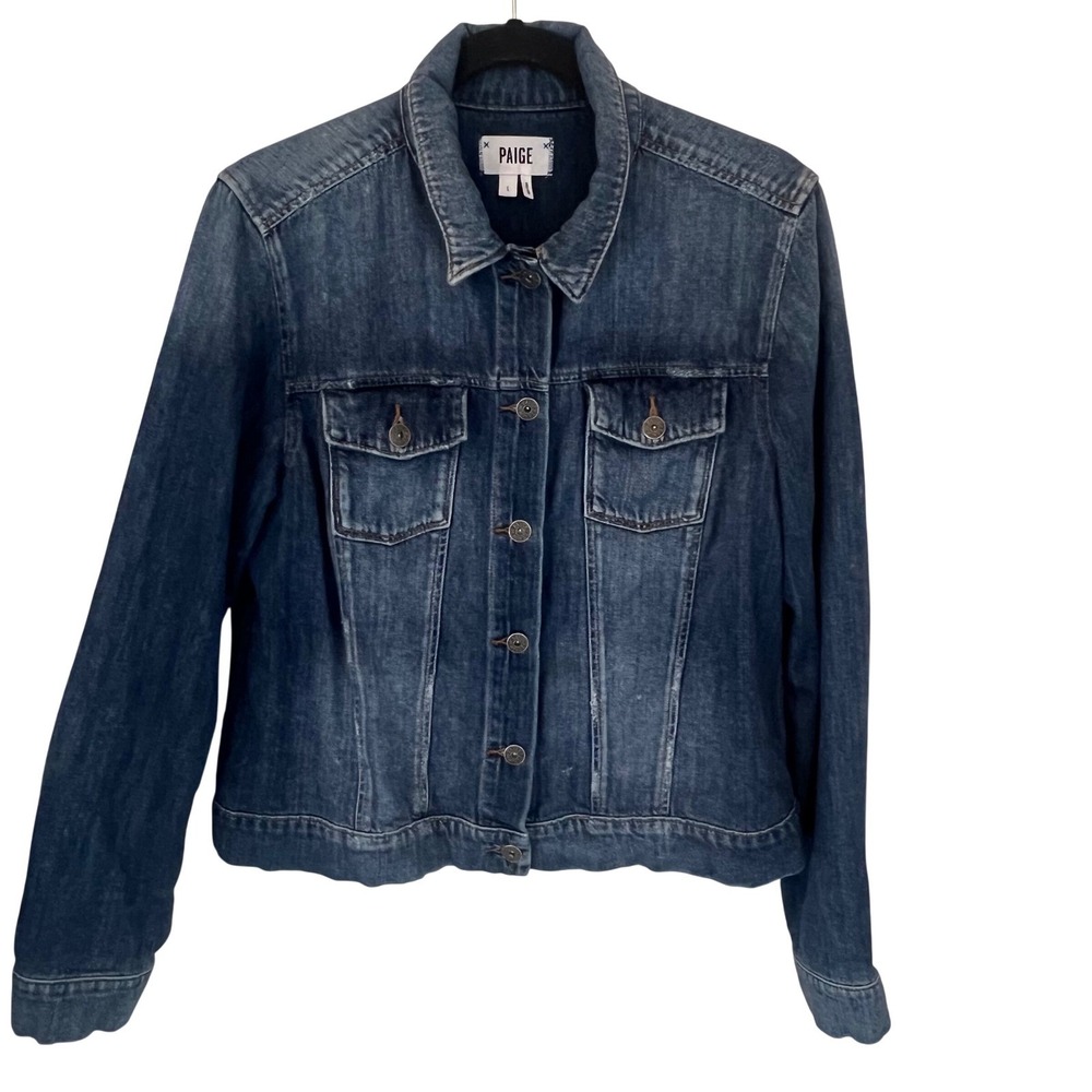 PAIGE Womens Dark Wash Denim Jacket Button Front Trucker Style Size L